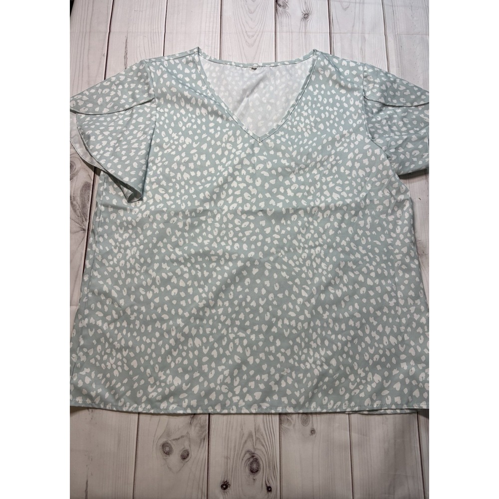 Shein Women Mint Polka Dot Blouse V-Neck Ruffle Short Sleeve Top Medium